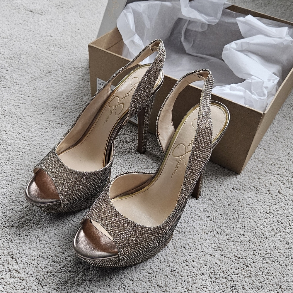 Jessica Simpson Glitter Slingback Peep-Toe Heels in Rose Gold